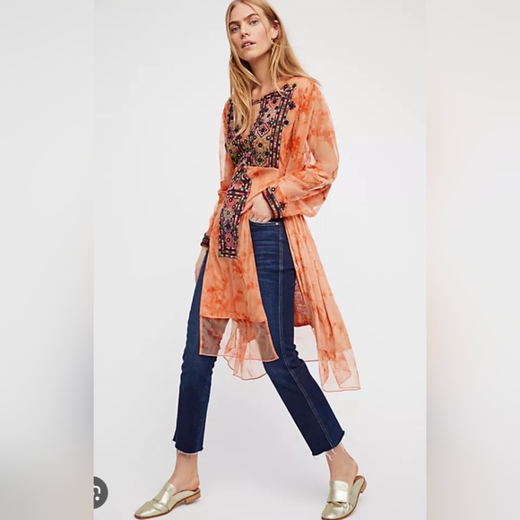 Free People Market Place Beaded Orange Sorbet Waist Tie Maxi Top XS Coral - Picture 1 of 16